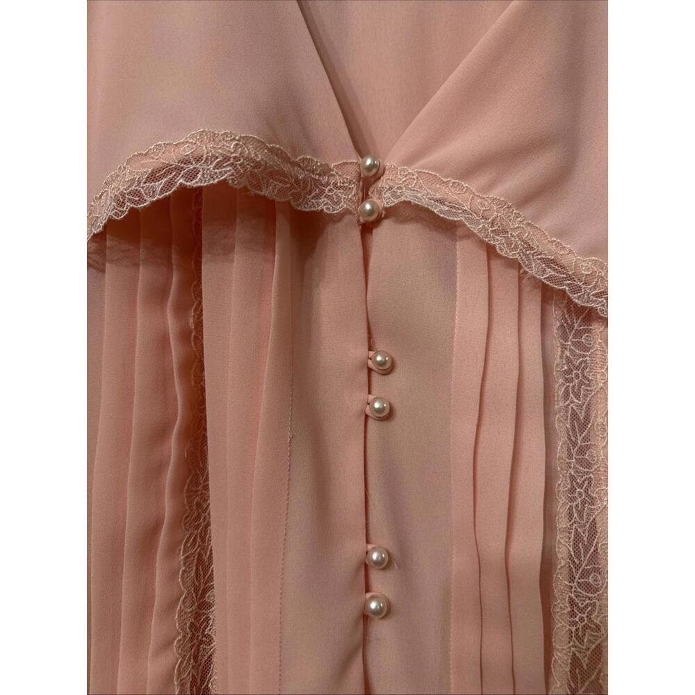 Vtg 80s Pleated Midi Dress Sz 14 Peach Lace Pearl Button Easter Wedding Gorgeous - Picture 5 of 11